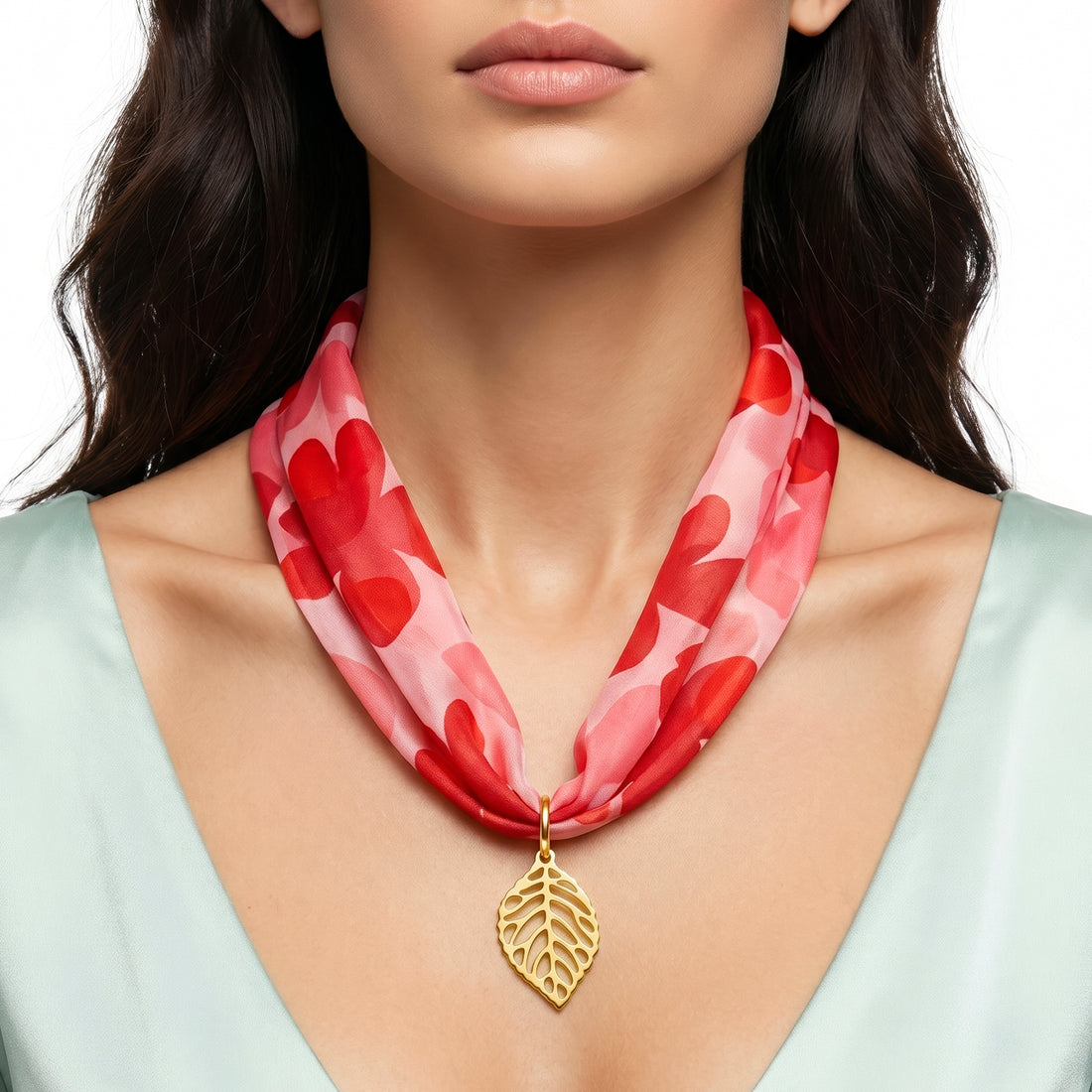 PRAO COMBO ✨ Red Floral Scarf Necklace With Anti-Tarnish Golden Leaf Earrings