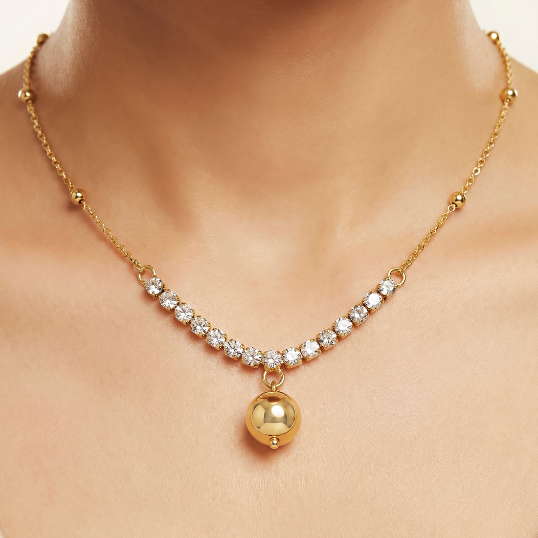 PRAO Necklace Anti-Tarnish Rhinestone Ball Pendant Chain