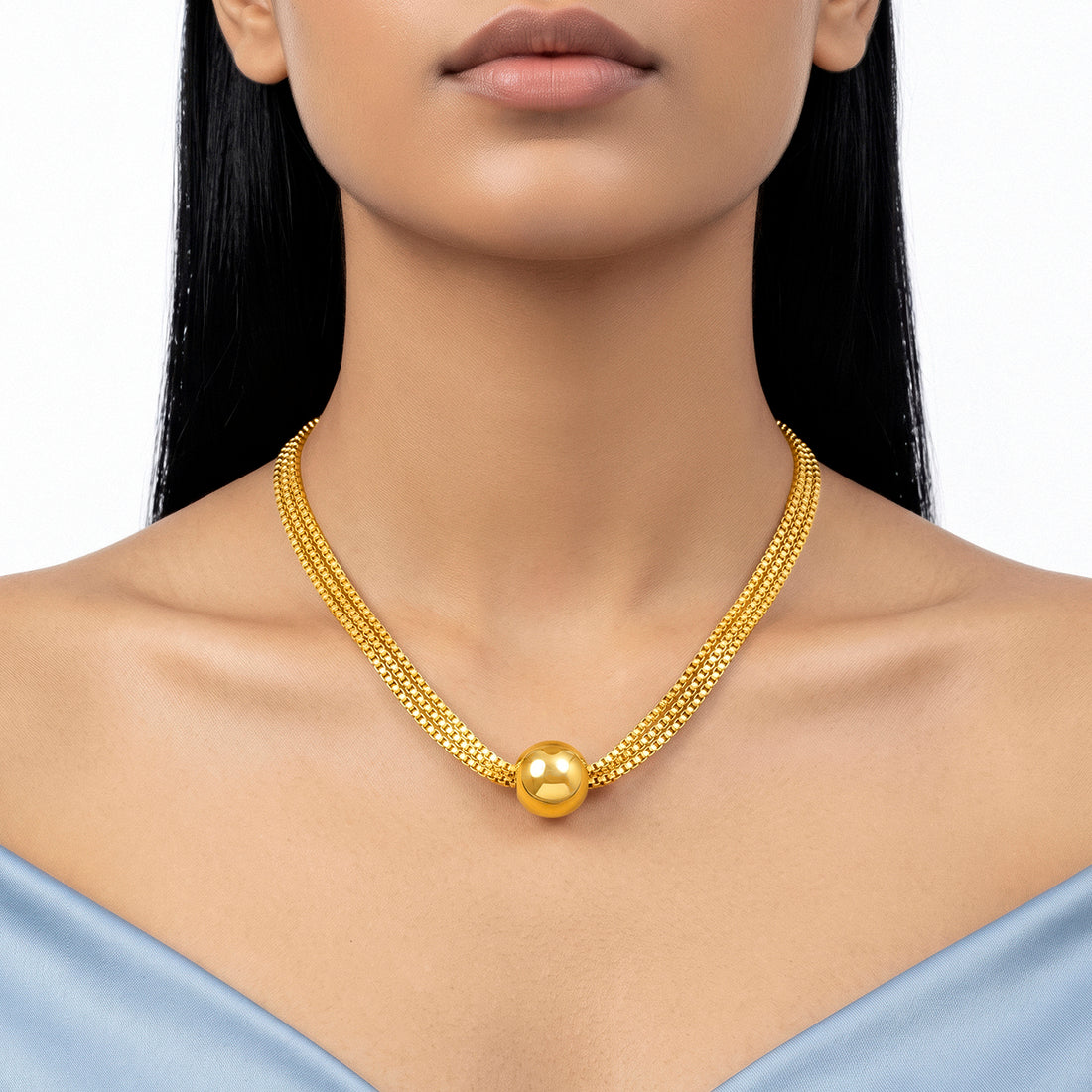 PRAO Necklace Anti-Tarnish Gold Plated Triple Layer Box Chains