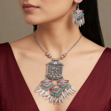 PRAO Necklace Anti-Tarnish Oxidised Boho Teal Red Leaf Charms Set With Earrings