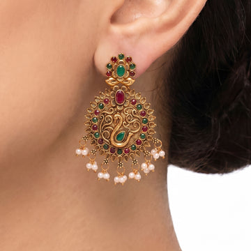 PRAO Earrings Anti-Tarnish Antique Peacock Stone Chandbali