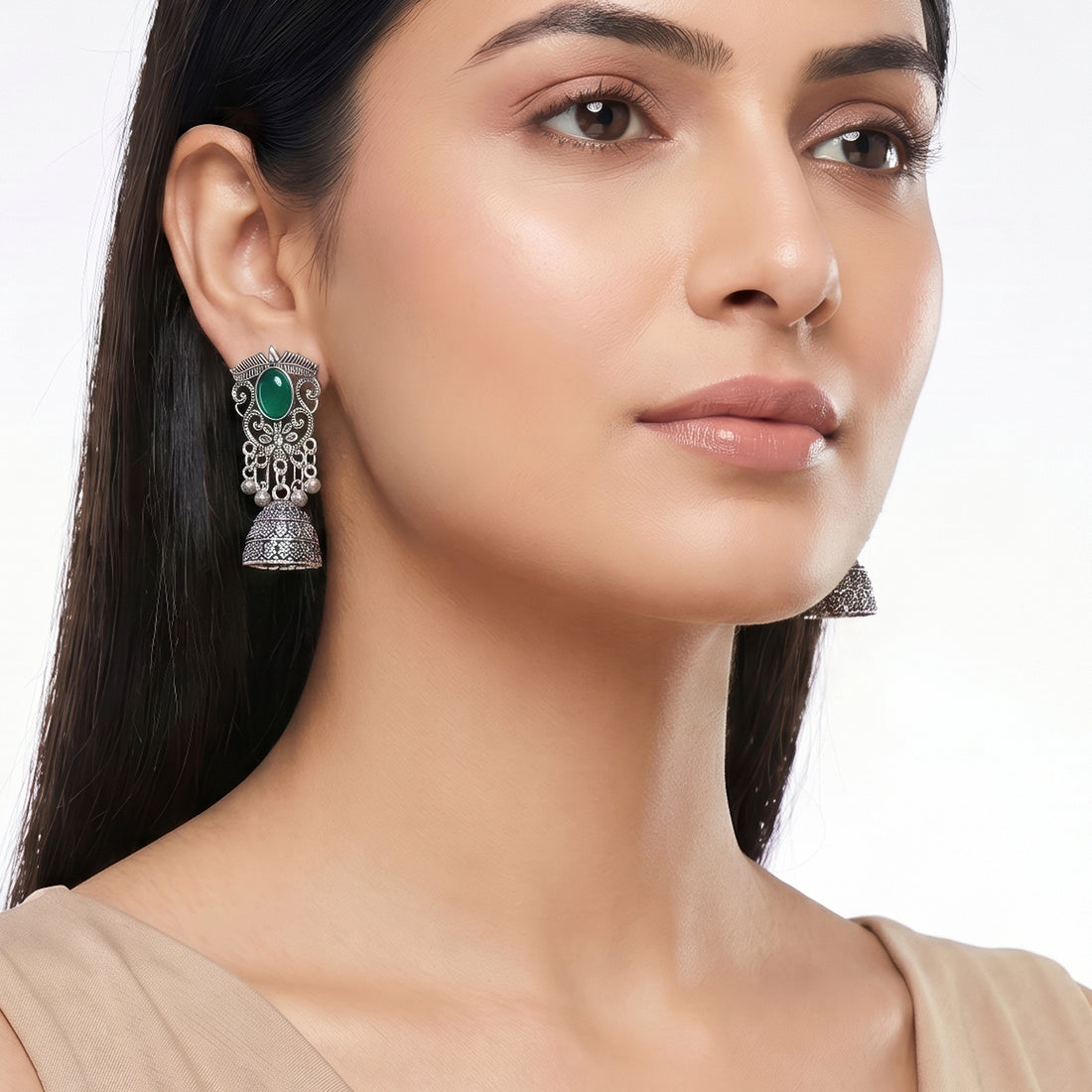 PRAO Earrings Anti-Tarnish Emerald Floral Jhumka