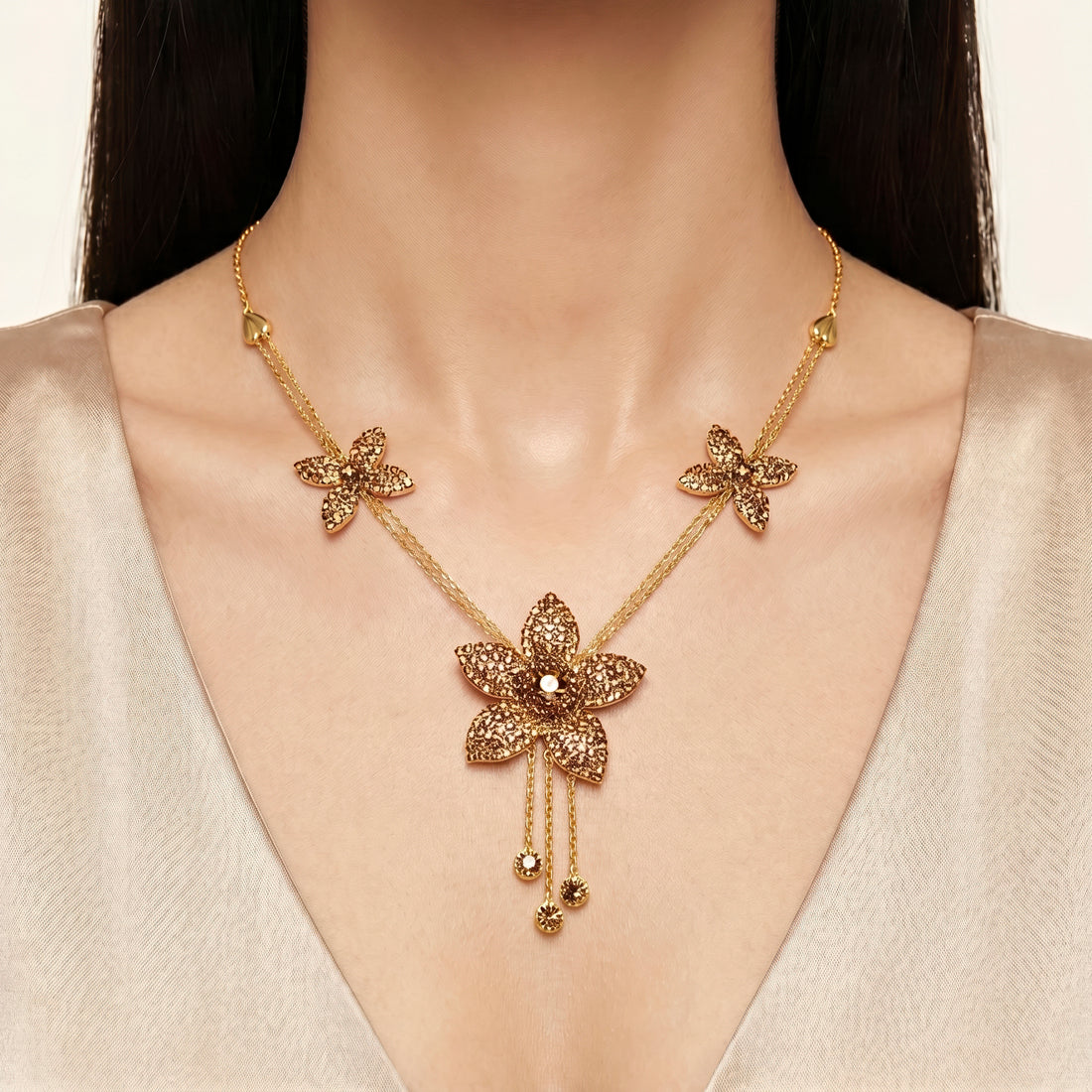 PRAO Necklace Anti-Tarnish Floral Topaz Crystal Set With Earrings