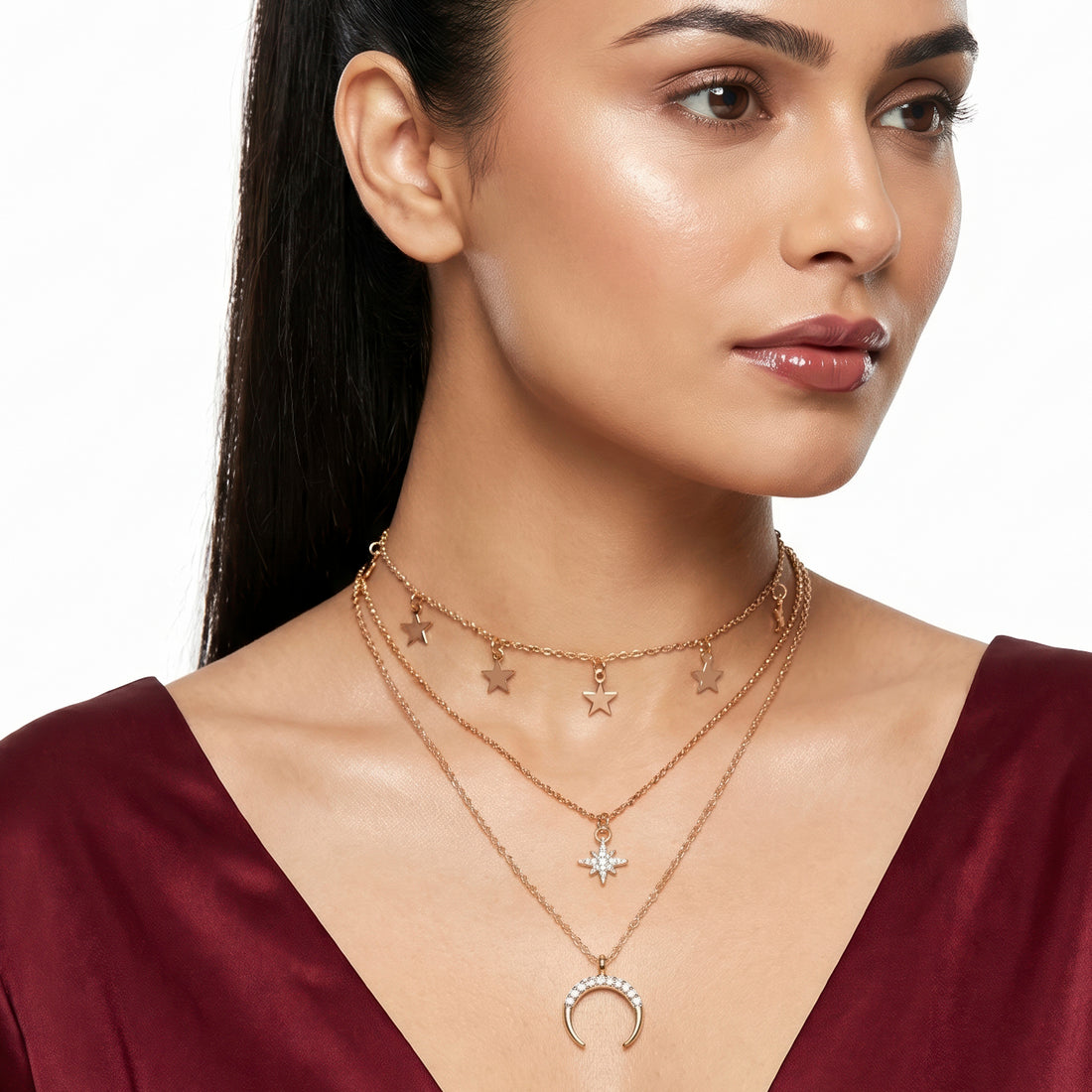PRAO Necklace Anti-Tarnish Triple Layered Celestial Set