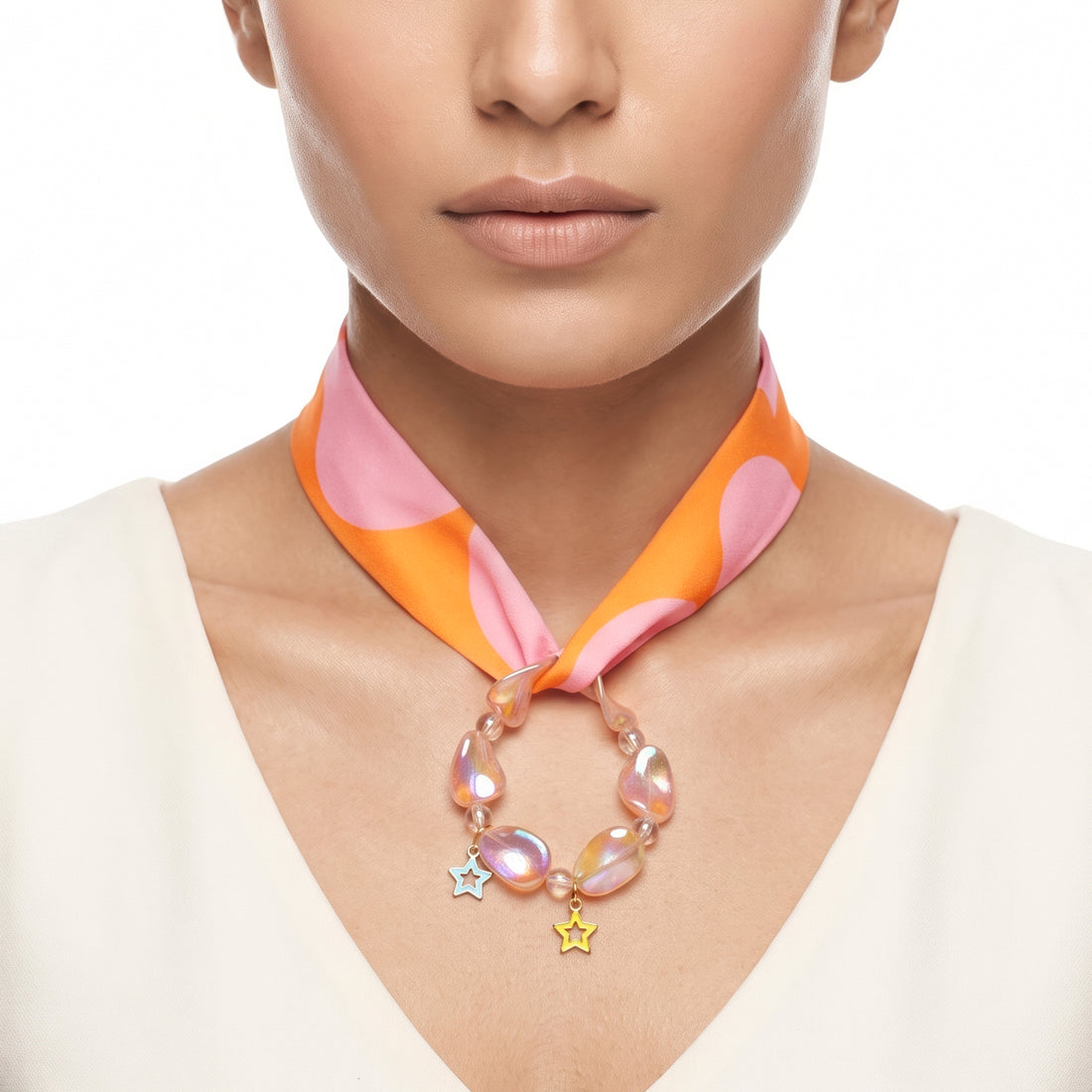 PRAO Necklace Cum Bracelet Anti-Tarnish Pink Beaded Fabric With Detachable Star Charms