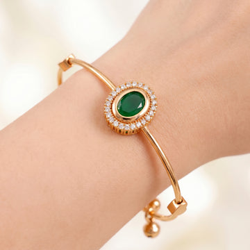PRAO Bracelet Anti-Tarnish Green Gemstone Halo Bangle (Adjustable Size)