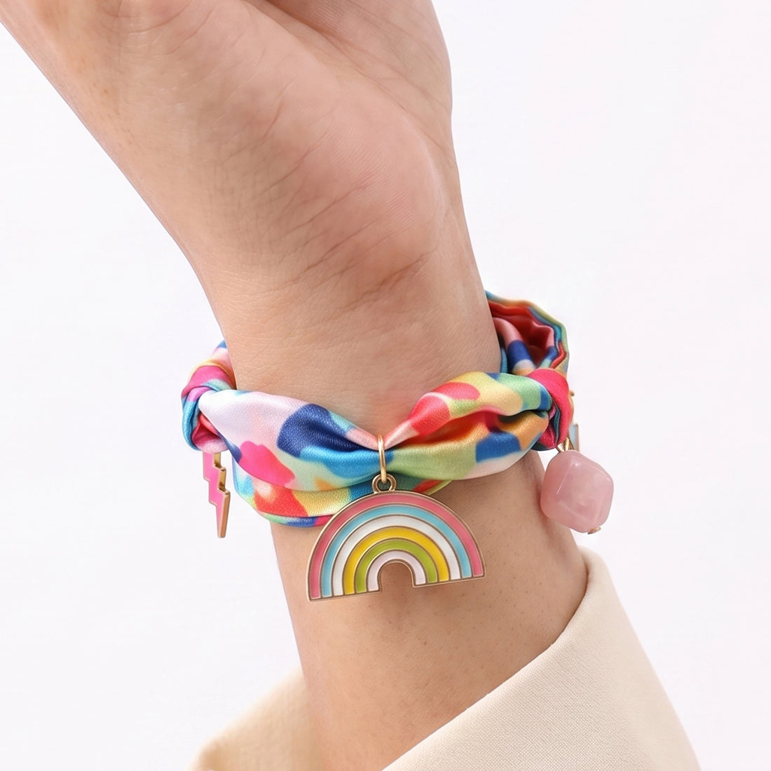 PRAO Necklace Anti-Tarnish Multicolored Silk Fabric With Rainbow Pendant And Charms