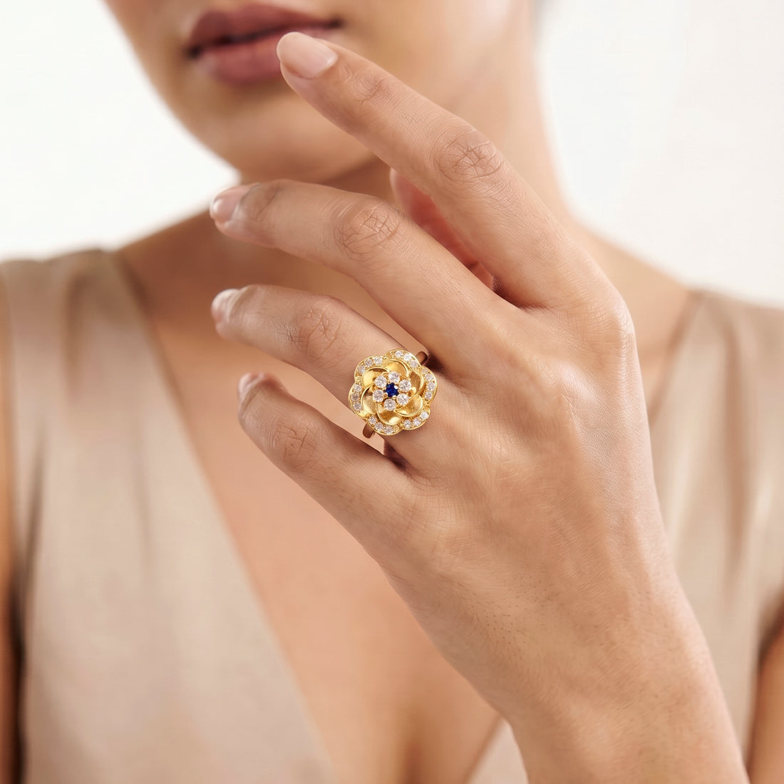 PRAO Ring Anti-Tarnish Floral Crystal Blue Stone (Adjustable Size)