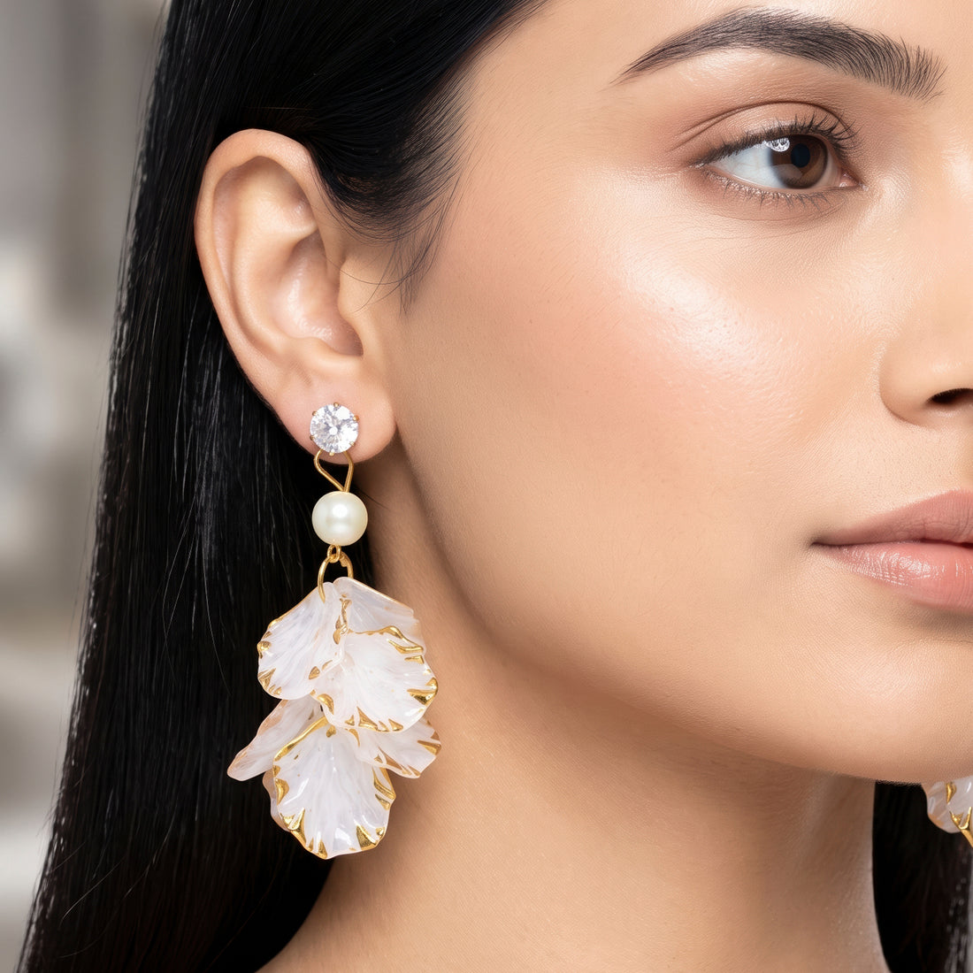 PRAO Earrings Anti-Tarnish Floral Dangles With Faux Pearls And Textured Petals