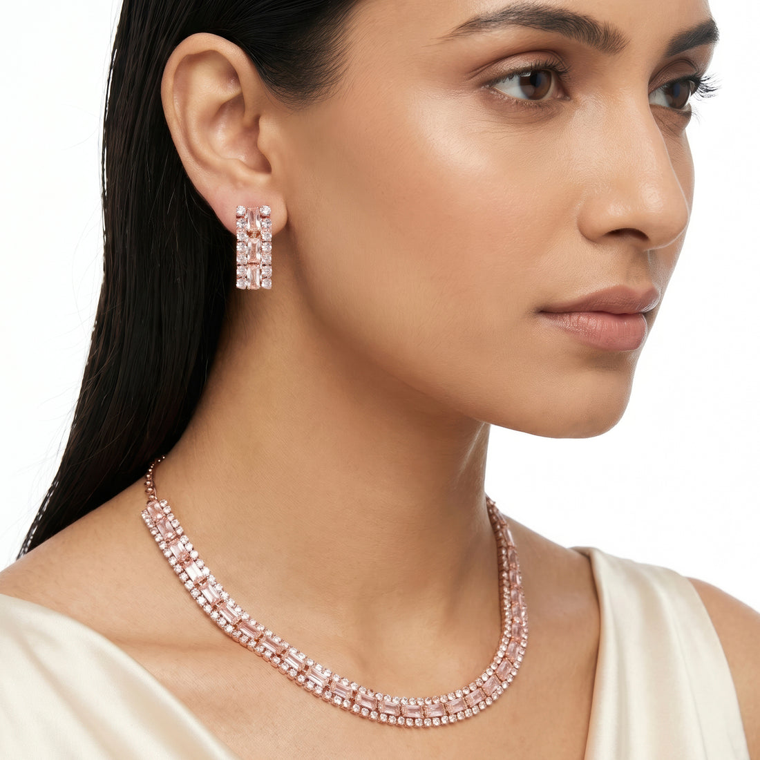 PRAO Necklace Anti-Tarnish Multi-Row Crystal Set With Earrings