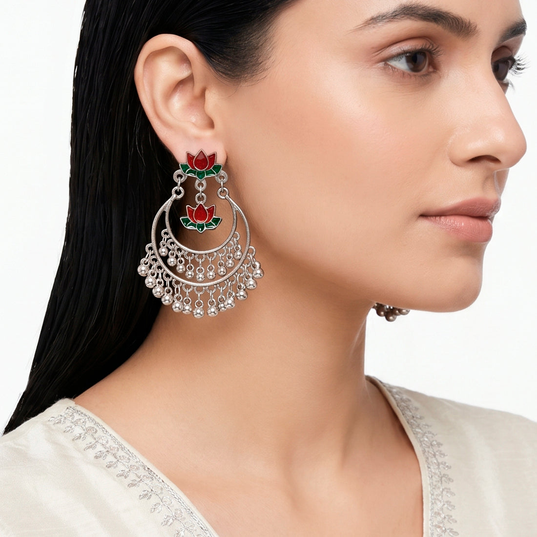 PRAO Earrings Anti-Tarnish Crescent Lotus Enamel Ghungroos
