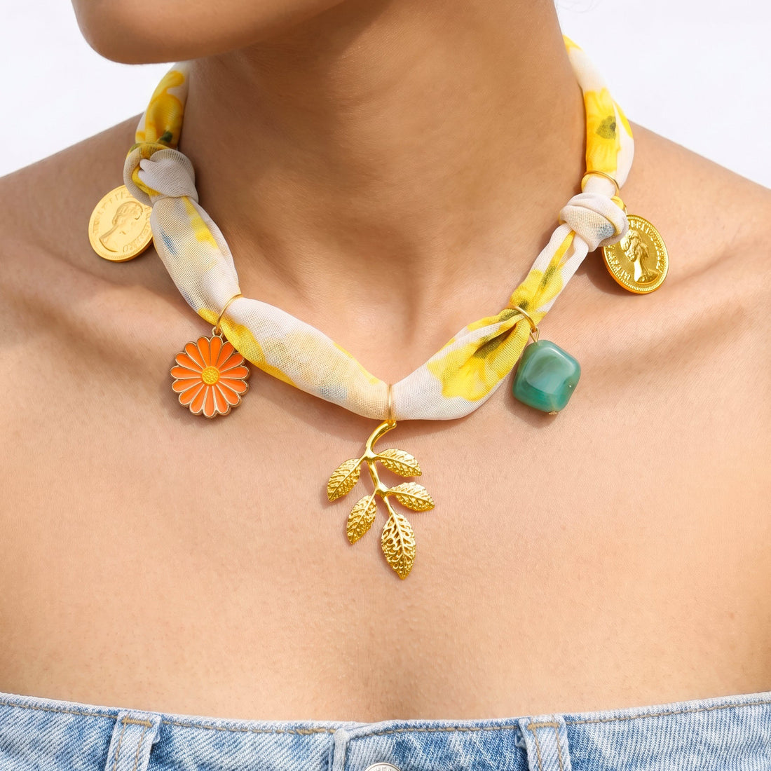 PRAO Necklace Anti-Tarnish Sunflower Print Fabric With Enamel Flower, Coin & Bead Charms