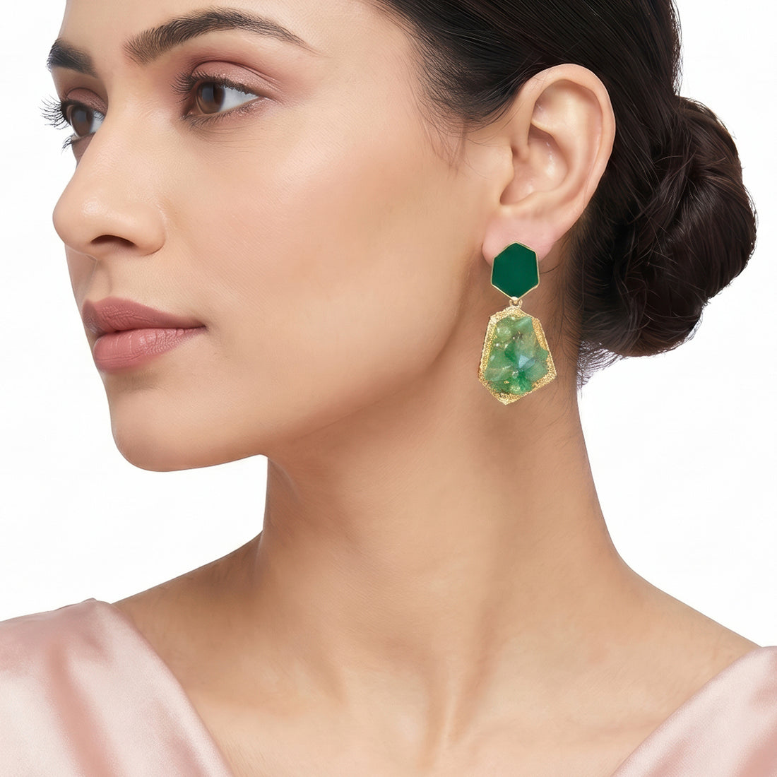 PRAO Earrings Anti-Tarnish Forest Green Geometric Mosaic Drop