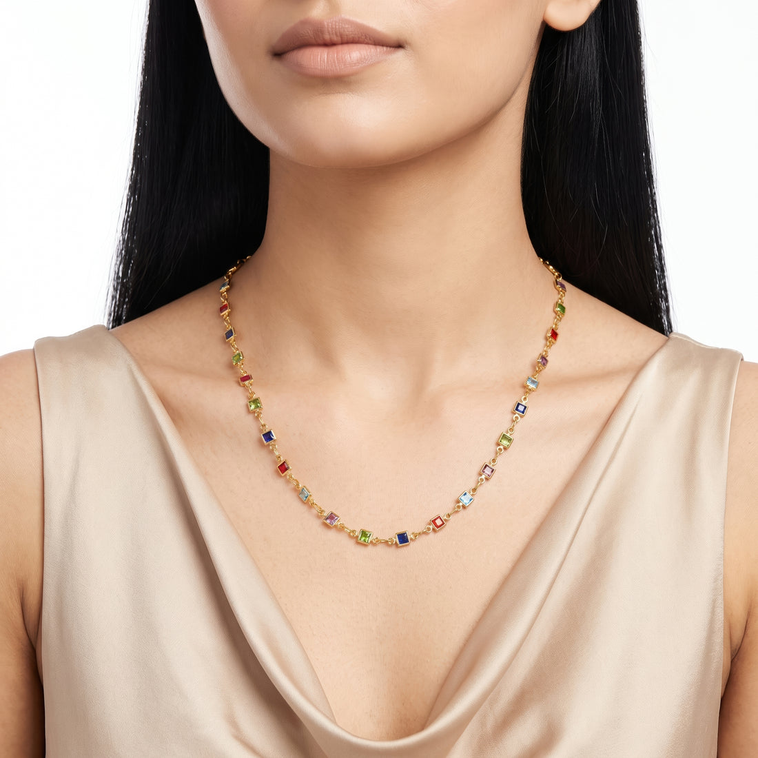 PRAO Necklace Anti-Tarnish Multicolor Square Stone Chain