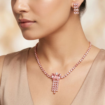 PRAO Necklace Anti-Tarnish Pink Butterfly Rhinestone Set With Earrings
