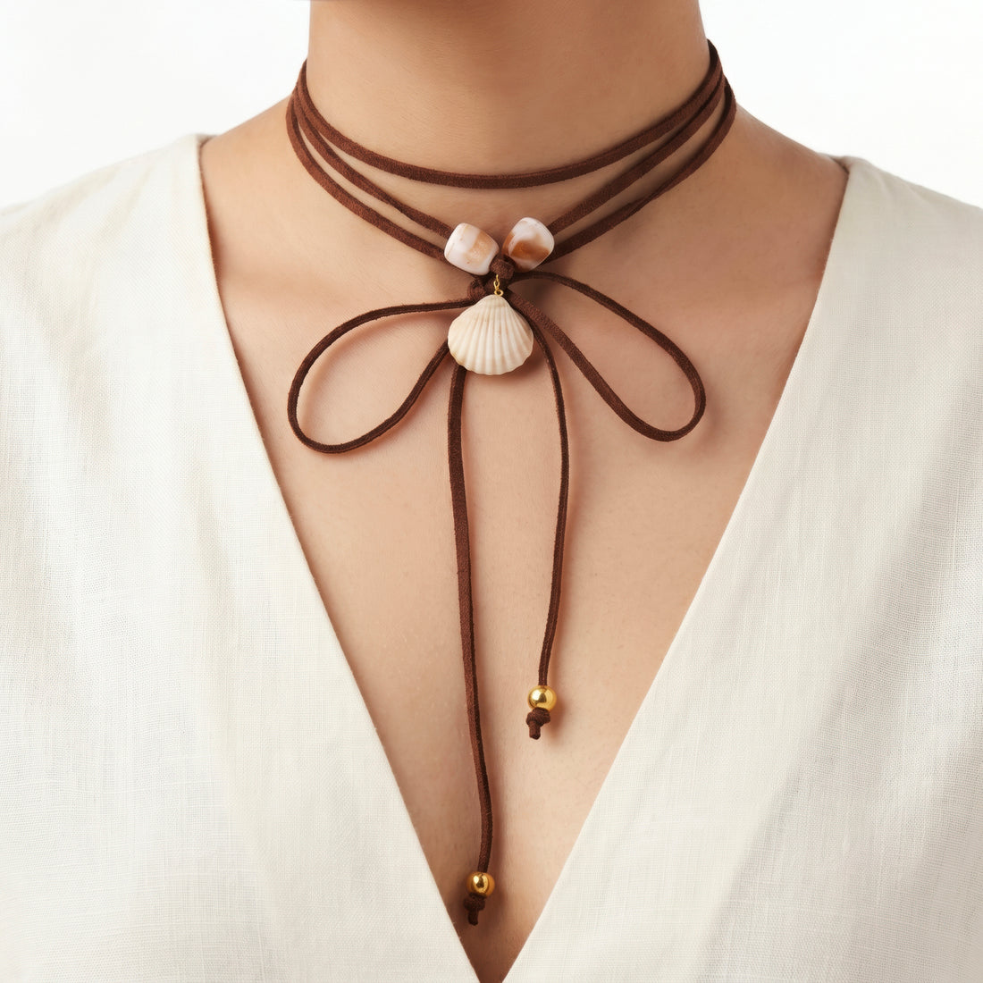 PRAO Necklace Cum Bracelet Anti-Tarnish Brown Suede Choker With Shell Pendants