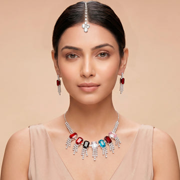 PRAO Necklace Anti-Tarnish Multi Color Crystal Fringe Set With Earrings