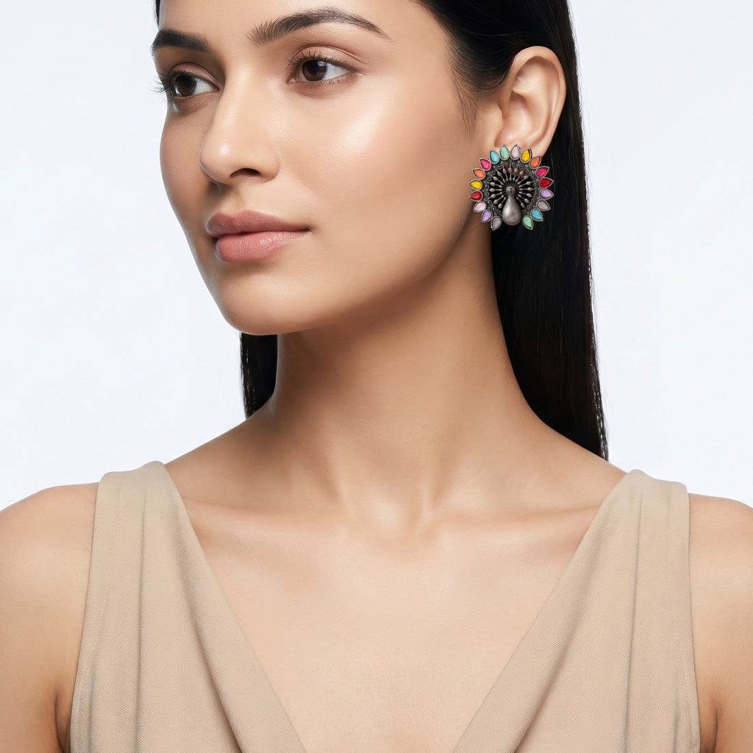 PRAO Earrings Anti-Tarnish Peacock Stone Statement