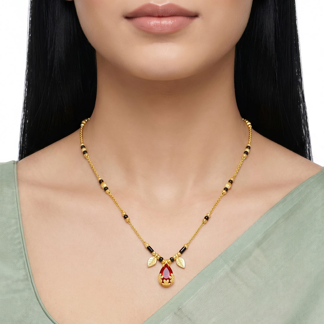 PRAO Necklace Anti-Tarnish Black Beads With Gold Leaf And Ruby Teardrop Pendant