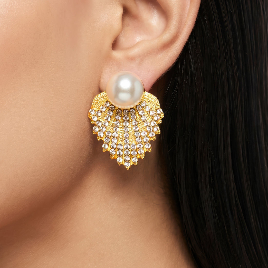 PRAO Earrings Anti-Tarnish Elegant Shell With Rhinestones And Faux Pearl
