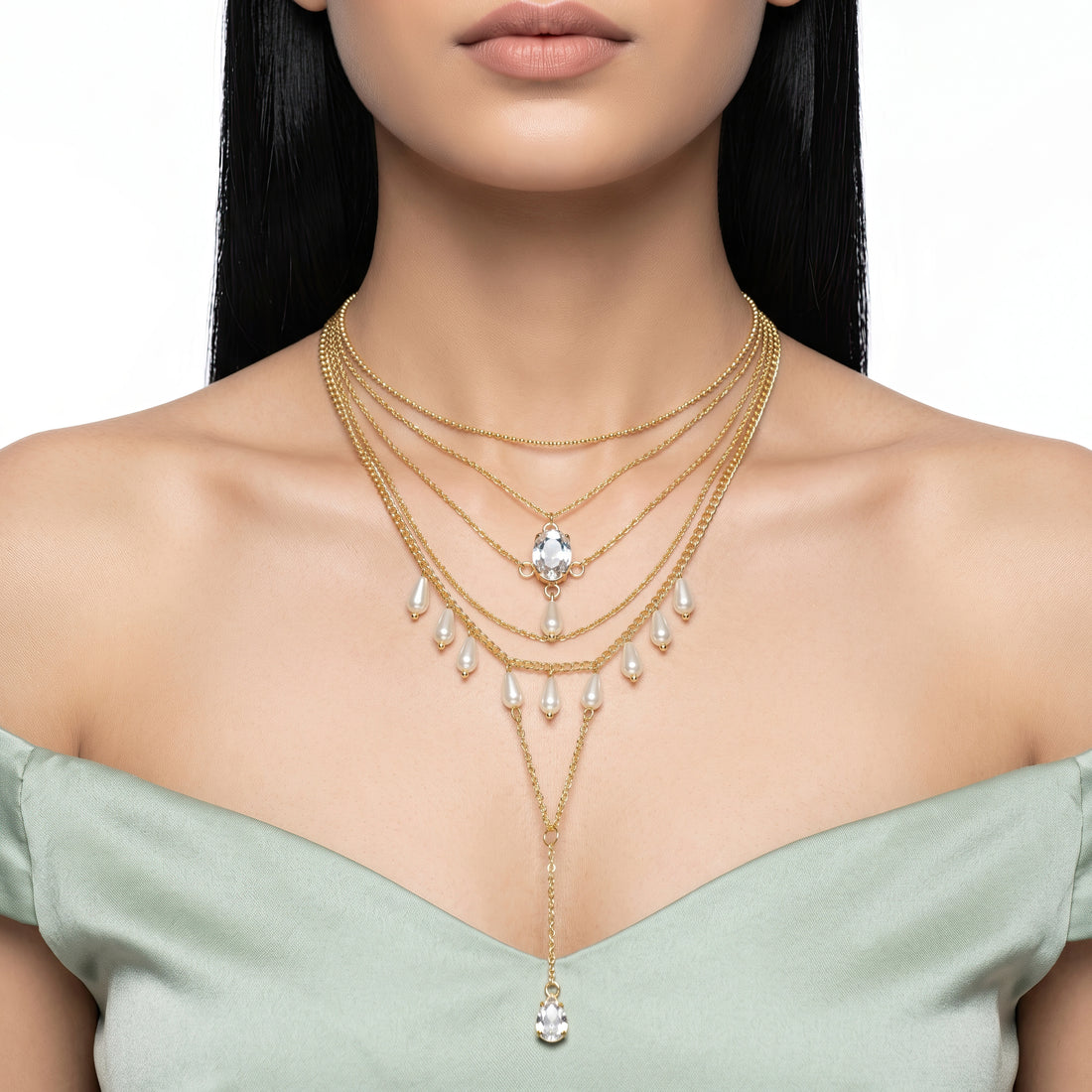 PRAO Necklace Anti-Tarnish Crystal Pearl Layers