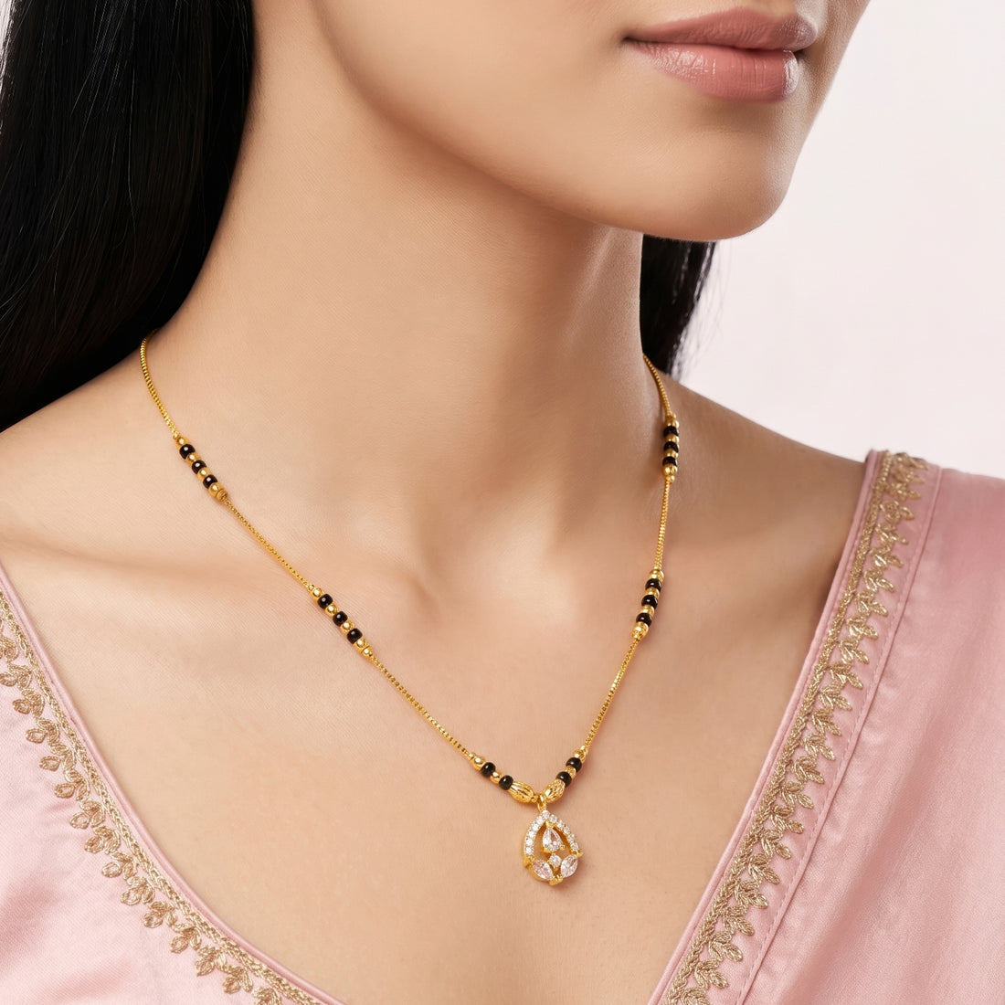 PRAO Necklace Anti-Tarnish Teardrop Floral Crystal Pendant Mangalsutra