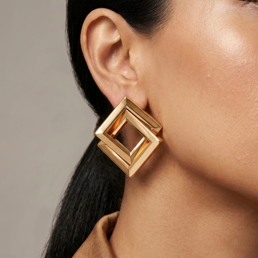PRAO Earrings Anti-Tarnish Overlapping Square Statement