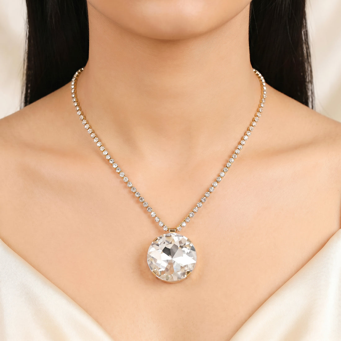 PRAO Necklace Anti-Tarnish Oversized Round Crystal White Pendant