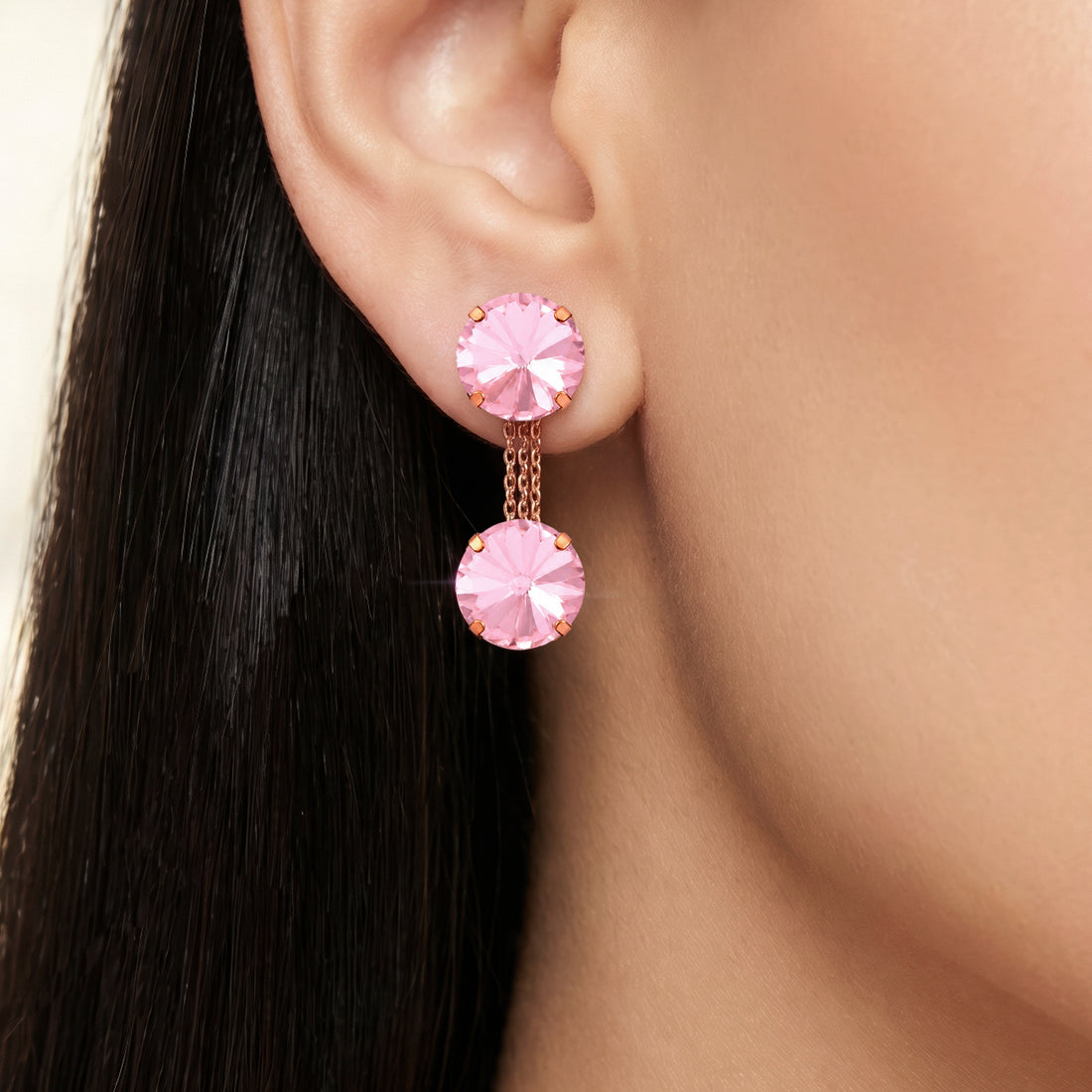 PRAO Earrings Anti-Tarnish Rose Pink Round Crystal Dangles