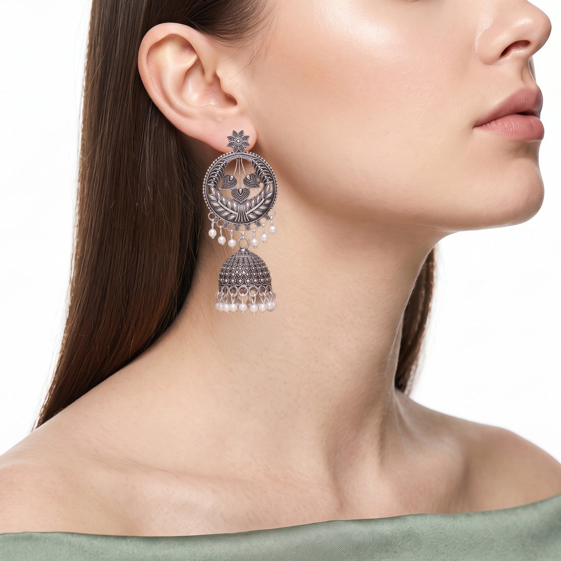 PRAO Earrings Anti-Tarnish Oxidized Pearl Jhumka