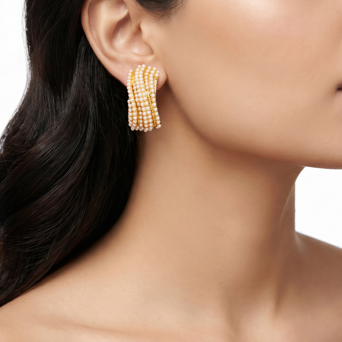 PRAO Earrings Anti-Tarnish Wide Hoops With Tiny Pearl Rows