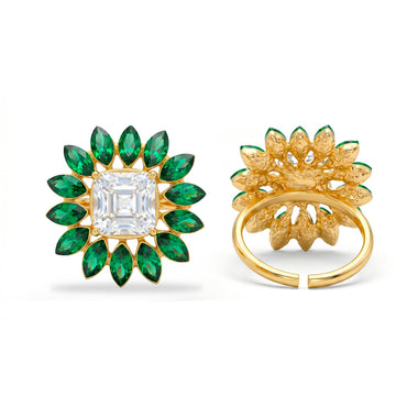 PRAO Ring Anti-Tarnish Square Crystal With Green Sunburst Halo (Adjustable Size)