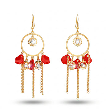 PRAO Earrings Anti-Tarnish Crystal Hoops With Red Petals Chains