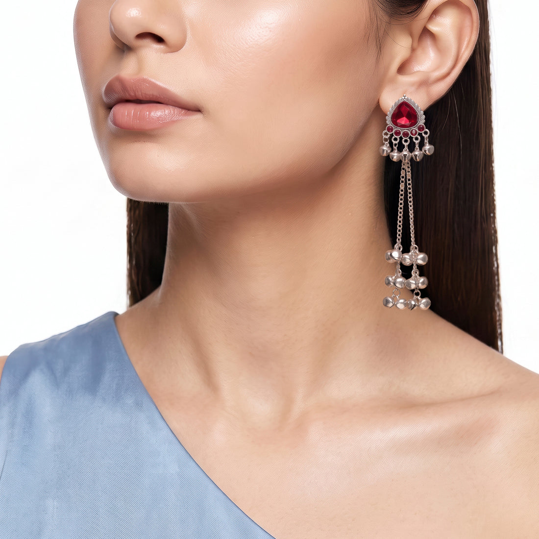 PRAO Earrings Anti-Tarnish Red Teardrop Crystal Dangles With Ghungroo Bells And Tiered Chain Accents