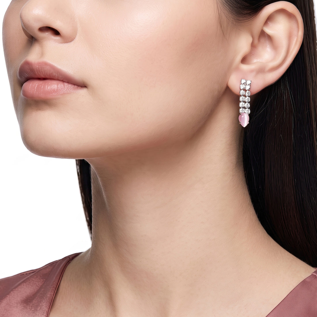 PRAO Earrings Anti-Tarnish Pink Crystal Dangles