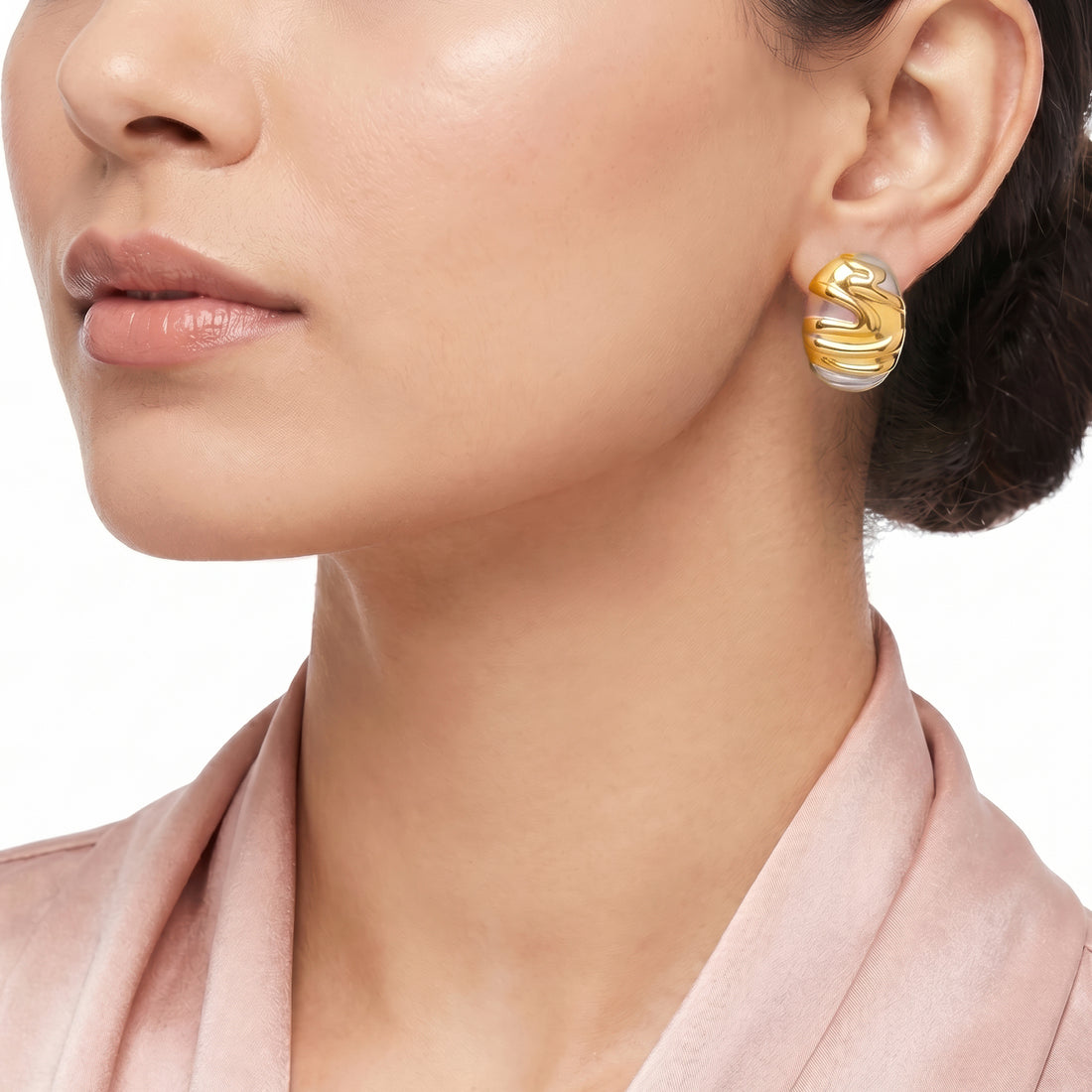 PRAO Earrings Anti-Tarnish Tricolor Textured Oval