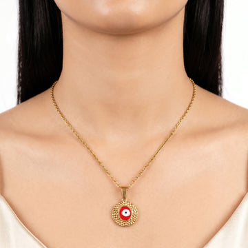 PRAO Necklace Anti-Tarnish Hammered Red Evil Eye