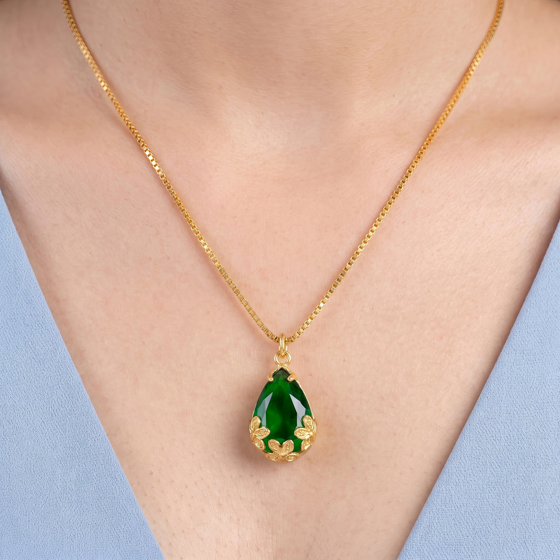 PRAO Necklace Anti-Tarnish Green Teardrop Pendant