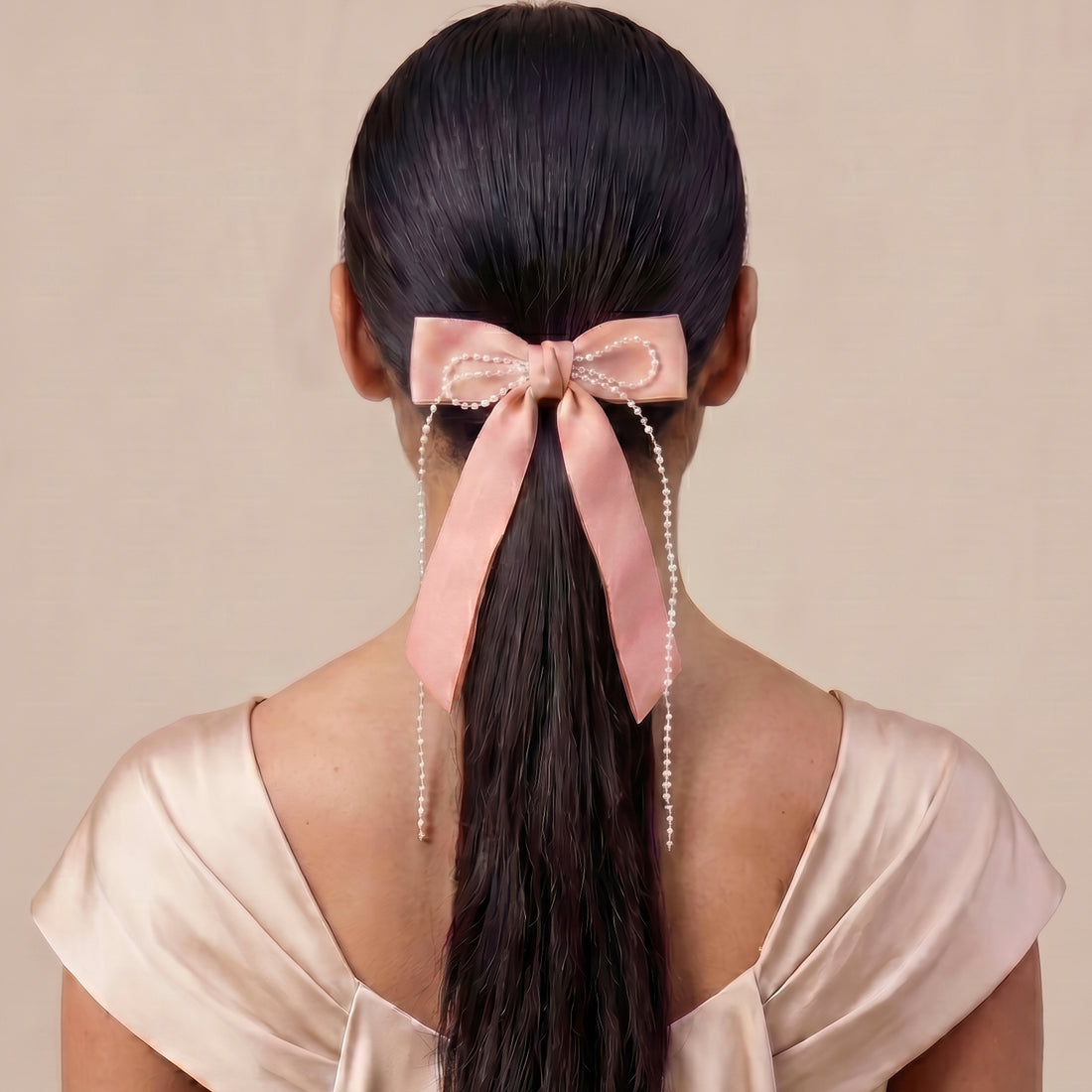 PRAO Hair Clip Anti-Tarnish Nude Pink Satin Bow With Faux Pearls