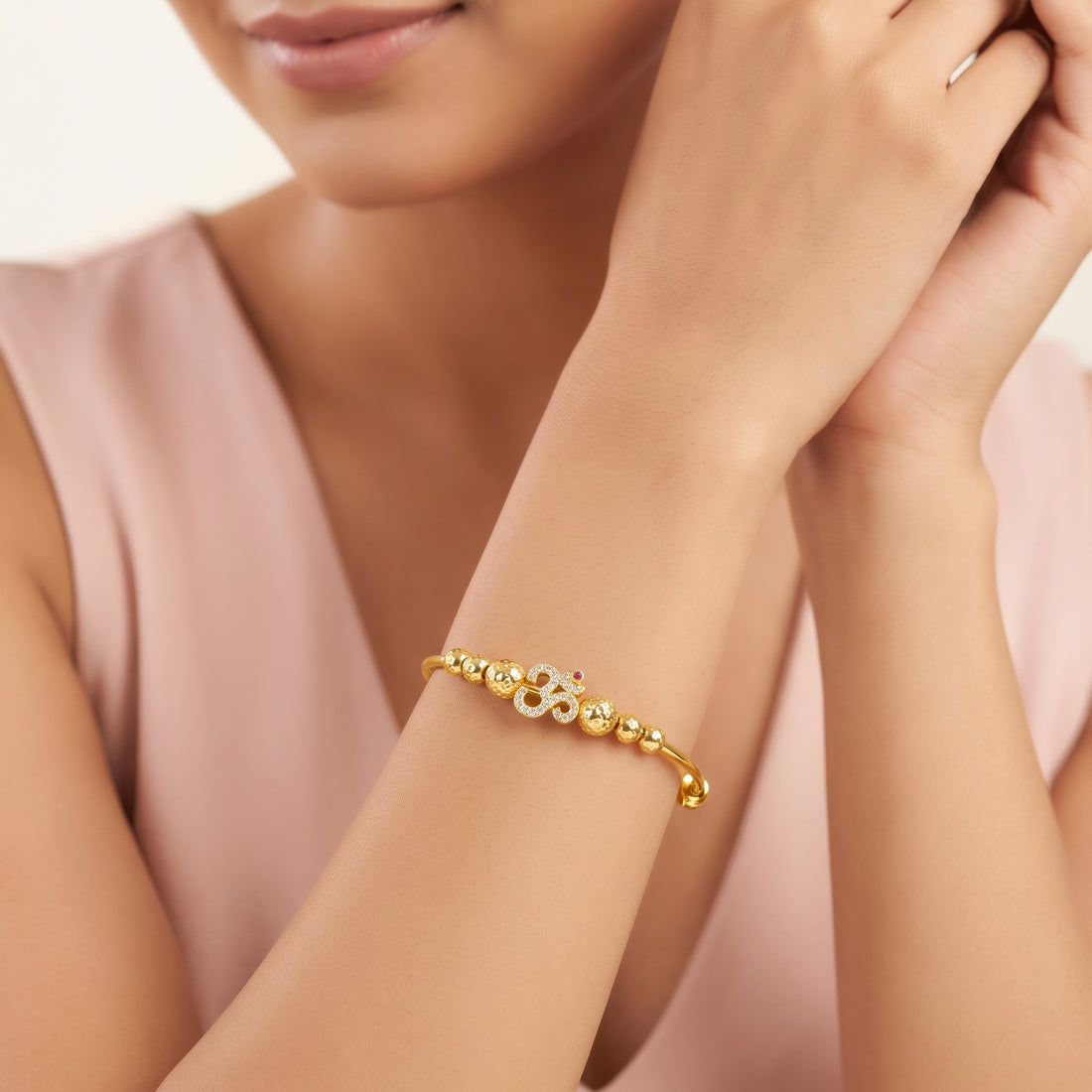 PRAO Bracelet Anti-Tarnish Om Motif Crystal Bangle With Textured Beads (Adjustable Size)