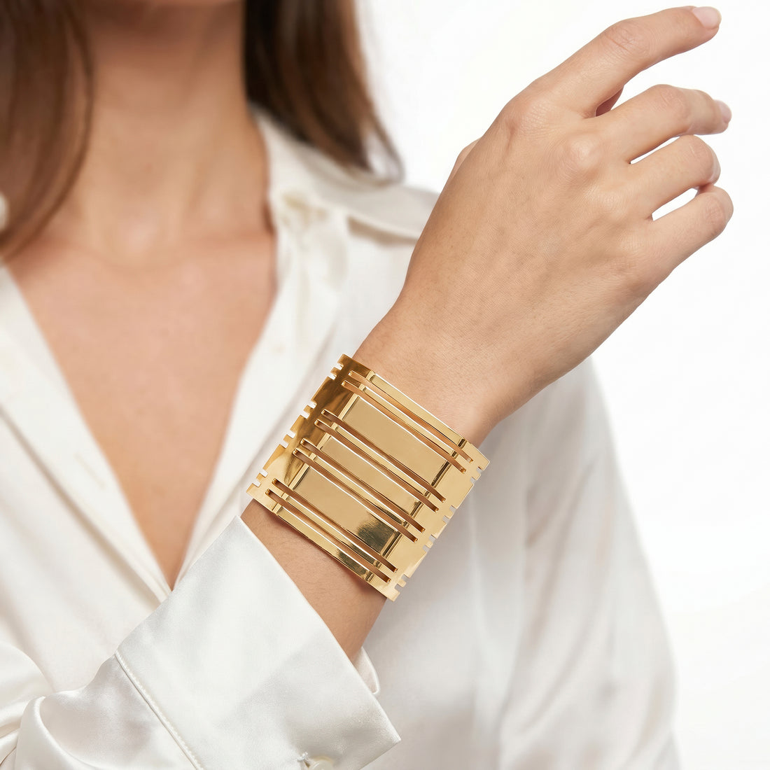 PRAO Bracelet Anti-Tarnish Horizontal Slatted Line Cuff (Adjustable Size)