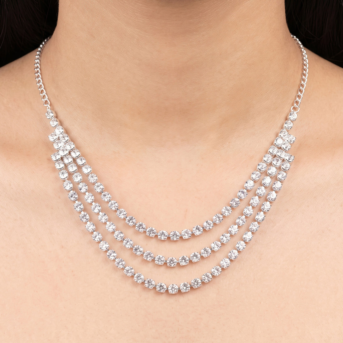 PRAO Necklace Anti-Tarnish Three-Layer Rhinestone Set With Earrings