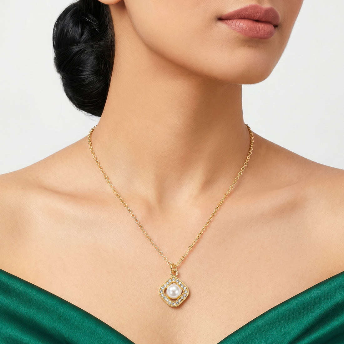 PRAO Necklace Anti-Tarnish Minimalist Square AD And Pearl Studded Pendant