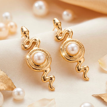 PRAO Earrings Anti-Tarnish Golden Snake Pearl Set