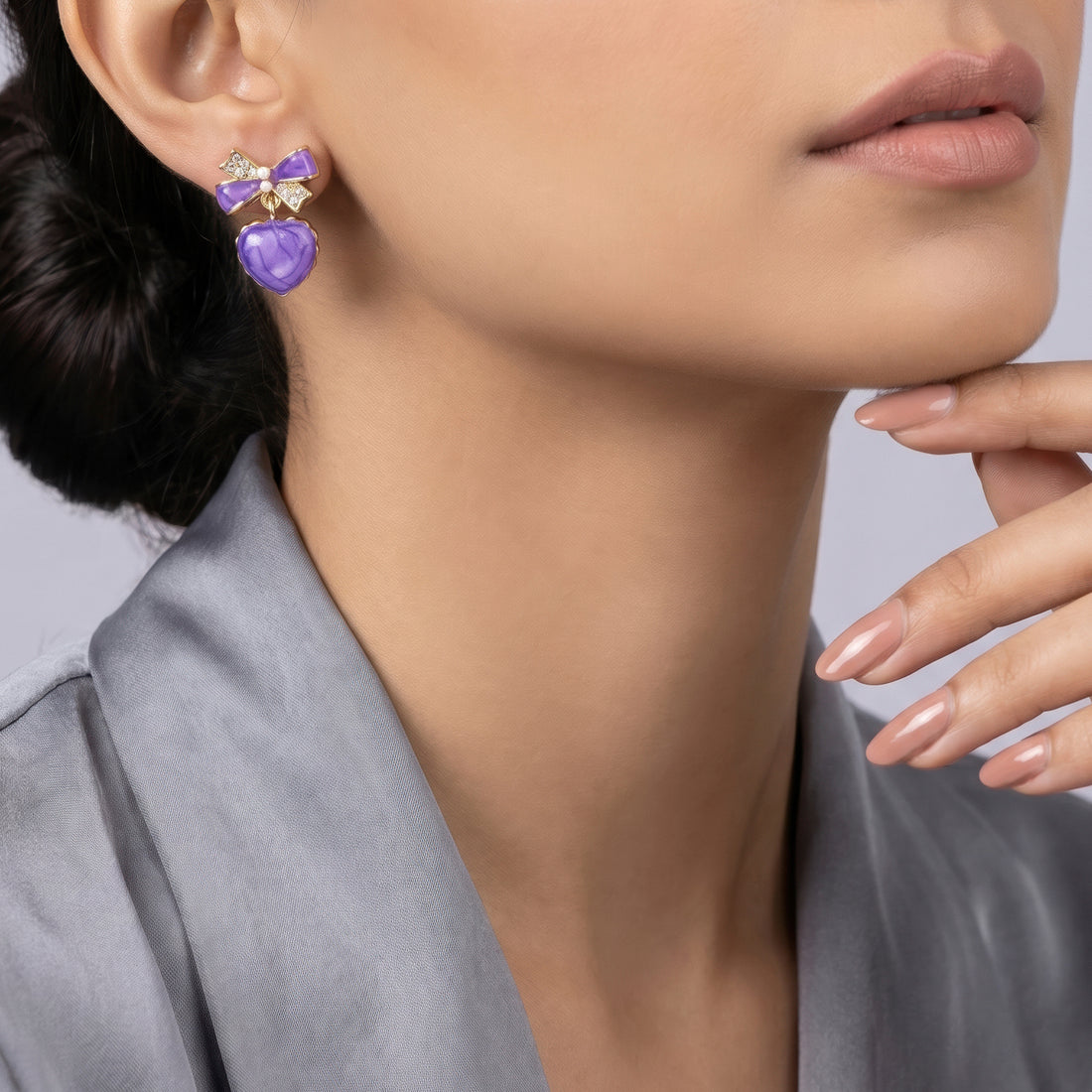 PRAO Earrings Anti-Tarnish Bow And Purple Enamel Heart Dangles With Crystal Accents
