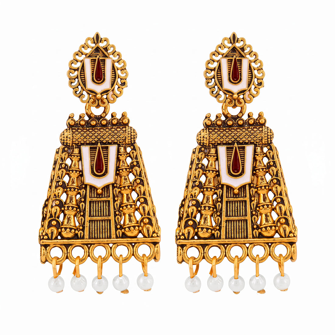 PRAO Earrings Anti-Tarnish Temple Design Pearl Drop