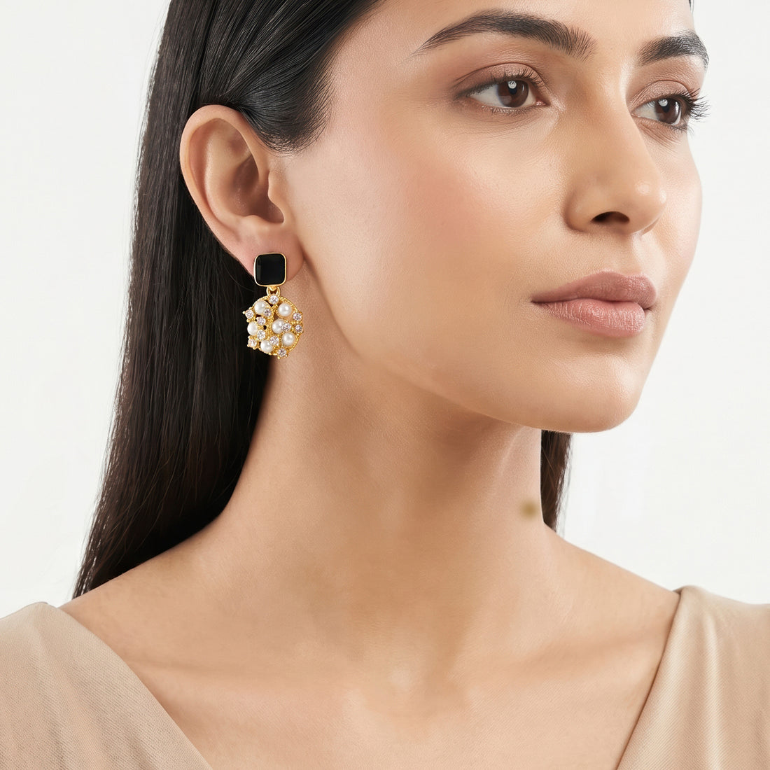 PRAO Earrings Anti-Tarnish Black Enamel Crystal Pearl Drop