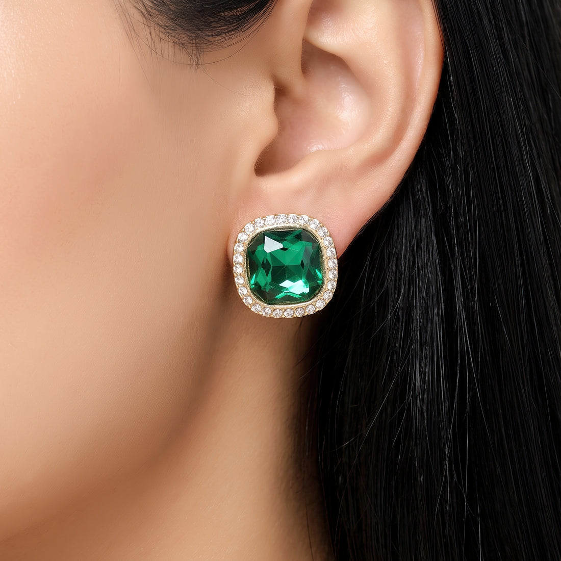 PRAO Earrings Anti-Tarnish Green Halo Studs