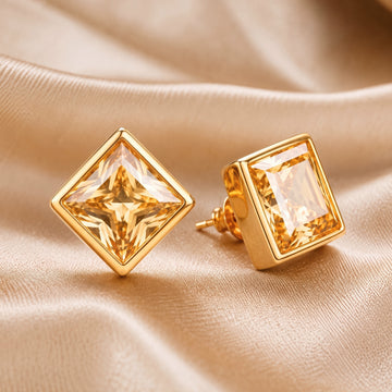 PRAO Earrings Anti-Tarnish Amber Square Crystal