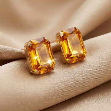 PRAO Earrings Anti-Tarnish Amber Yellow Emerald-Cut Crystal Studs